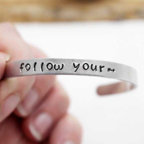 Follow Your (Arrow) ---> - Hand Stamped Anodized Aluminum Bangle - Adjustable - Picture 4 of 11